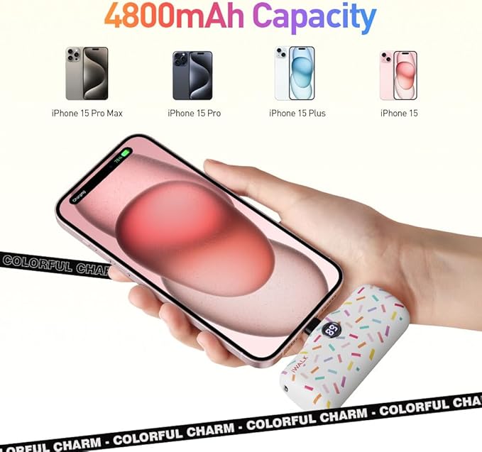 iWALK USB-C Portable Charger with Colorful Pattern, 20W PD Fast Charging 4800mAh Small Power Bank with LED Display, Compatible with iPhone 16/15, 16/15 Plus, 16/15 Pro Max, iPad, Airpods, White