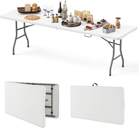 Goplus 8ft Plastic Folding Table, 350 LBS Outdoor Heavy Duty Folding Tables with HDPE Tabletop, Handle, Lock, Foldable Rectangle Portable Utility Card Table for Picnic, Party, Camping, Dining