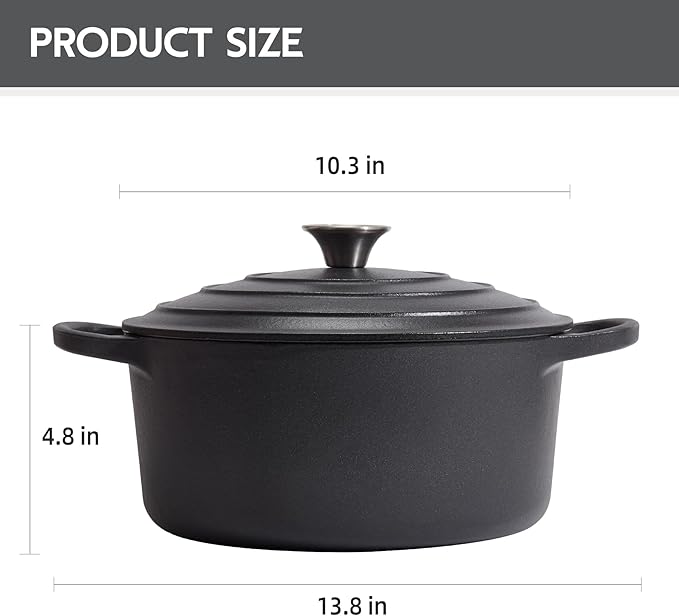 6 Quart Dutch Oven Enameled Cast Iron with Lid - Big Dual Handles - Oven Safe up to 500°F - Classic Round Pot for Versatile Cooking (Matte Black(No Enameled), 6 QT)
