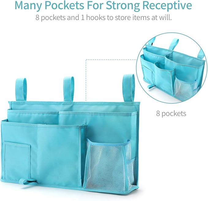 Bseash Bunk Bed Organizer, Bedside Caddy Hanging Bed Organizer Storage Bag 8 Pockets, for College Dorm Rooms Bed, Hospital Bed, Baby Bed Rails, 600D Oxford Cloth (Light Blue)