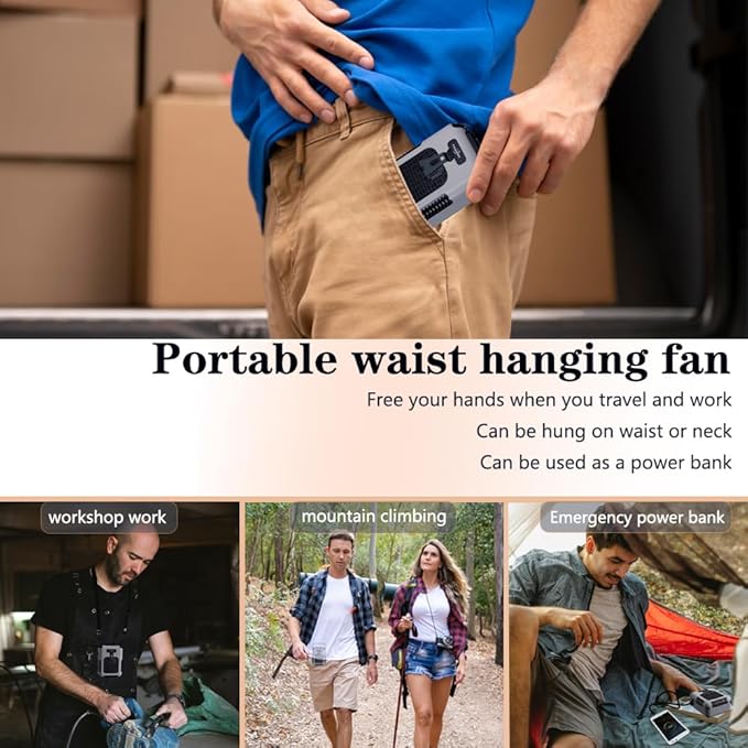 CAZOKASI Upgrade Waist Clip Fan Wearable Fan Portable Cooling and Heatstroke Prevention Fan (Industrial orange black) (Grey / 8000mAh)