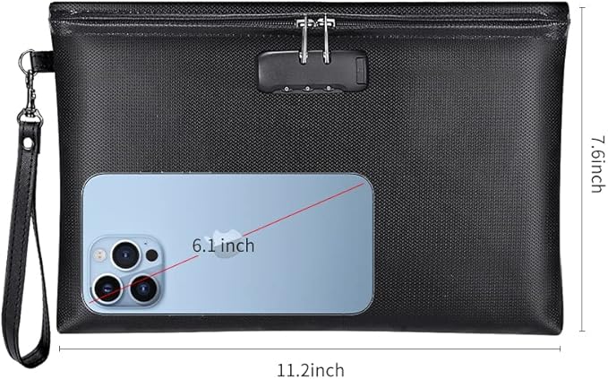 Fireproof Money Bag with Lock, ZOOPIP 11.2"x7.6" Fireproof Cash Bag with Zipper Closure, Storage Pouch for A5 Size Document, Cheque, Cash, Cell Phone, Tablet, Credit Card, Passport, Jewelry (Black)