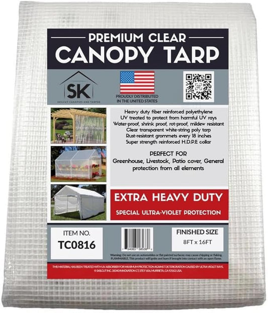 16 Mil Clear Poly Heavy Duty Tarp with Fiber Reinforcement - True Size Tarps with UV Protection, Tear Resistance, Flexibility, Reinforced Corners 8x16