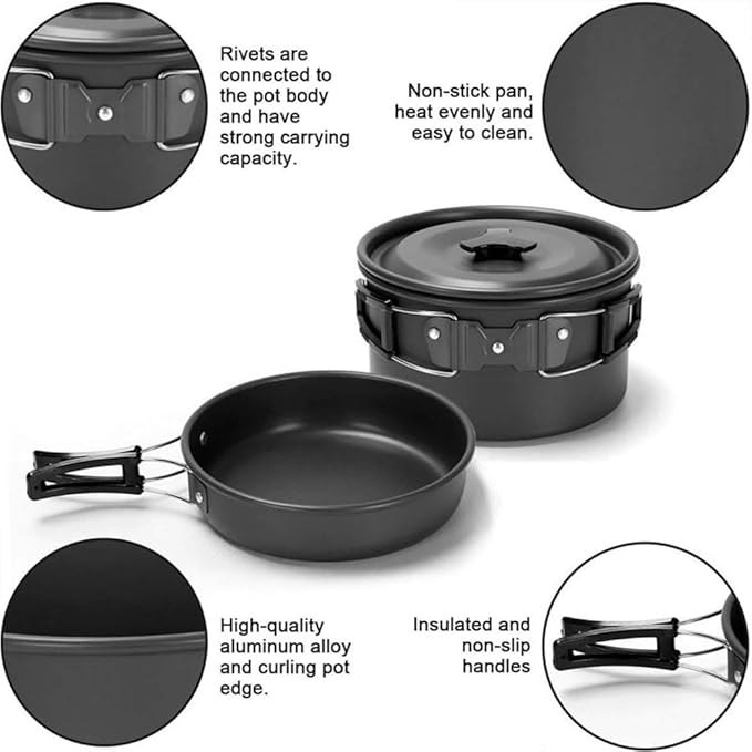 Camping Cookware Set Lightweight Portable Pot Pan Kettle Cups Spoon Fork Cutter with Carry Bag for Camping, Backpacking, Outdoor Cooking and Picnic