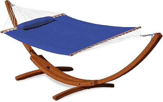 Lazy Daze Hammocks 12 FT Double Quilted Fabric Hammock and 13 FT Brown Wooden Arc Stand, with Spreader Bar, Removable Pillow, 2 Person Hammock for Outdoor Patio Poolside, 450 lb Capacity, Navy Blue