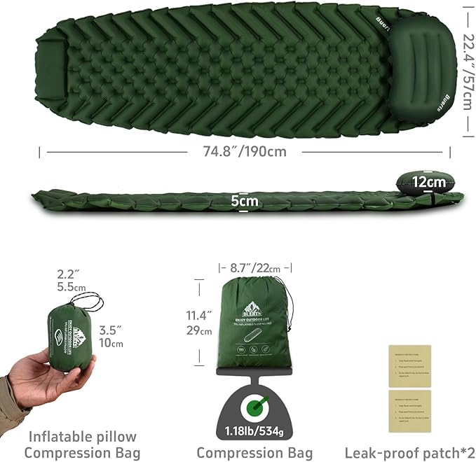 Camping Sleeping Pad & Pillow Set - Mummy Style, Inflates in 30 Seconds, Ultralight and Waterproof and wear-Resistant, Suitable.Camping Mattress for Camping, Backpacking. (Green)