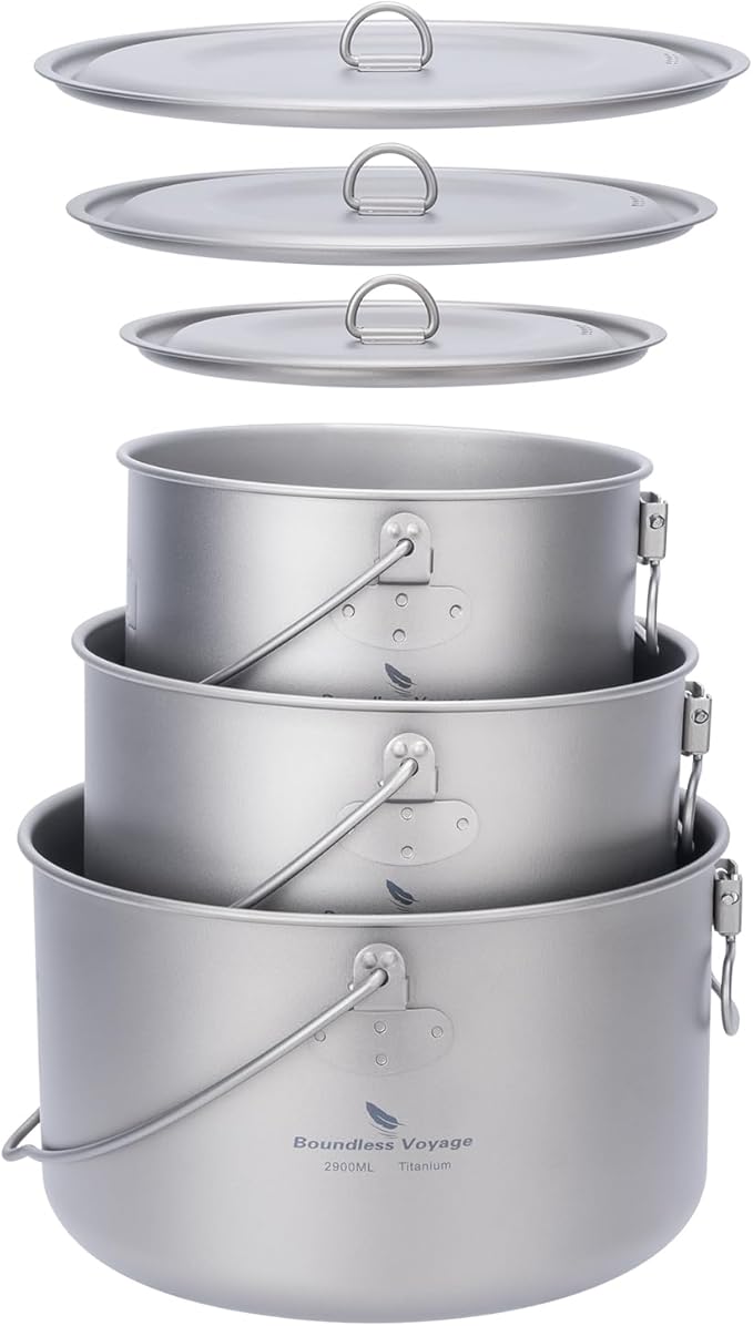 iBasingo 3-Piece Titanium Pot Set (1.3L+1.95L+2.9L) with Lids Ultralight Camping Cookware for Backpacking, Hiking & Outdoor Cooking, Nesting Backpacker Pots with Measurement Marks Ti2056C