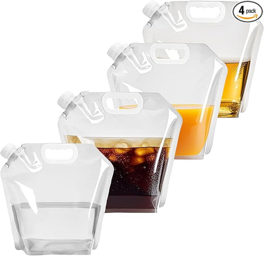 4 Pack Collapsible Water Jugs, 1.3/2.6 Gallon - BPA Free Clear Plastic Water Bag with Handle for Camping, Emergency, Hiking - Leakproof Freezable Collapsible Water Container Bags(4 x 5L)