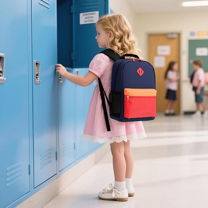 Kids Backpack Lunch Box Set Kindergarten School Backpacks 3-6 Years for Boys and Girls with Chest Buckle (Set Navy Red, Medium-15 H)