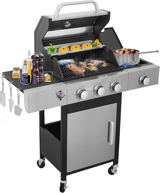 3 Burner Gas Grill with Side Burner, Dual-sided Frying Plate, Thermometer, Wheels, Side Tables, Stainless Steel Burner, 37,230 BTU Outdoor Grill for Patio, Garden, Balcony