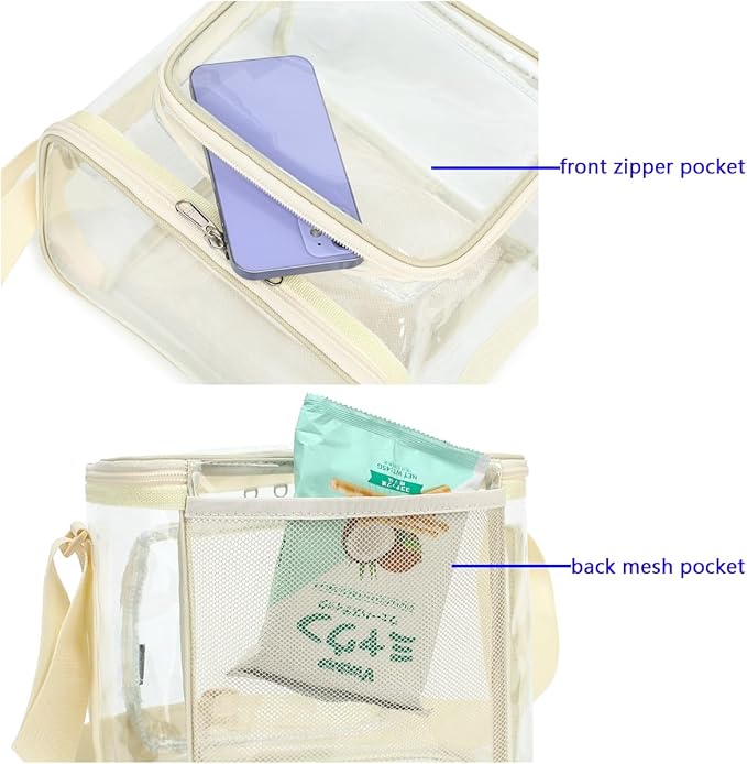 FlowFly Insulated Reusable Lunch Bag Adult Large Lunch Box for Women and Men with Adjustable Shoulder Strap,Front Zipper Pocket and Dual Large Mesh Side Pockets,Clear#Biege