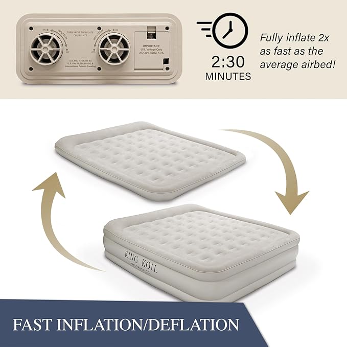 King Koil Luxury California King Air Mattress with Built-in Pump for Home, Camping & Guests - 20” King Size Inflatable Airbed Luxury Double High Adjustable Blow Up Mattress, Durable Waterproof