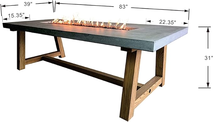 Elementi | Bundle Sonoma Gas Fire Pit Cast Concrete Rectangular Dining Fire Table, Outdoor Fire Pit Electronic Ignition | Canvas Cover, Lava Rock Included | Natural Gas