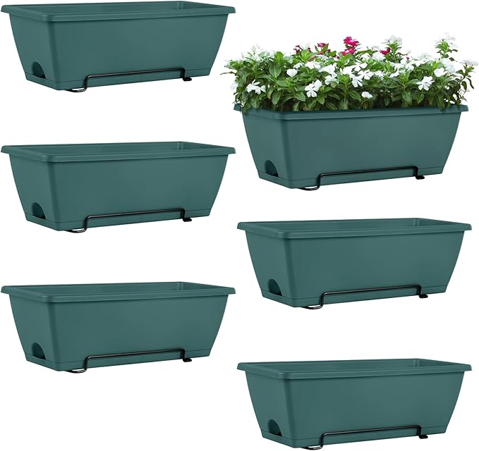 HAITRAL Railing Planter Boxes (16.9 Inch, 6 Pack) Green Plastic Deck Rail Planters for Outdoor Plants, Hanging Window Boxes with Drainage Tray for Over Rail Porch Fence,Balcony & Home Decor