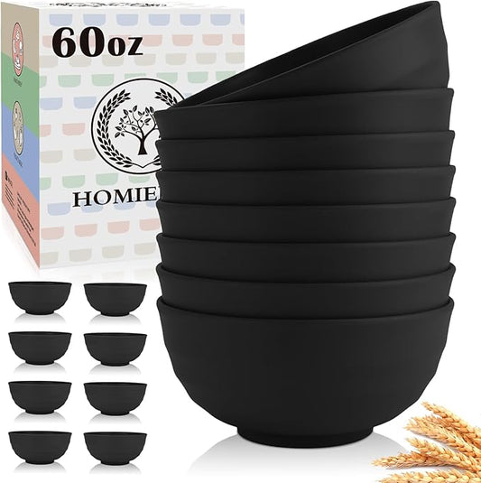 Homienly 60 OZ Salad Bowls,Large Soup Bowls Set of 8,Wheat Straw Bowl Sets,Unbreakable Large Serving Bowls,Big Cereal Bowl for Kitchen, Salad, Soup, Microwave and Dishwasher Safe Bowl - Black
