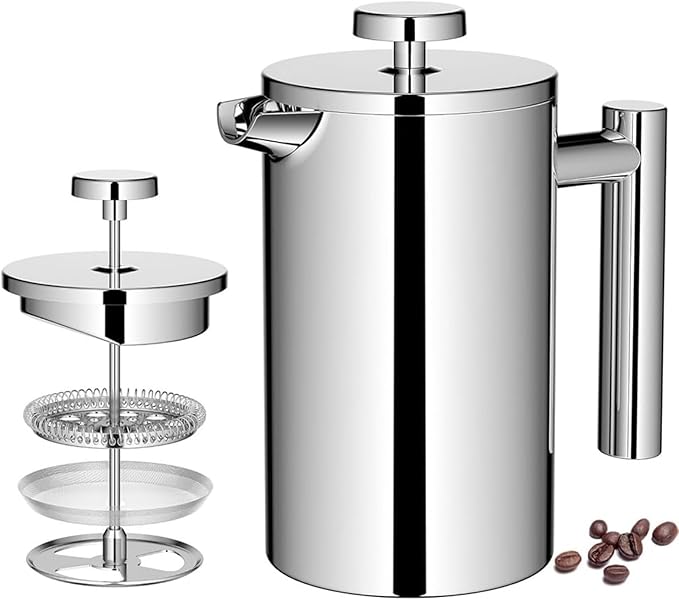 French Press Coffee Maker,Stainless Steel Double Wall Insulated Coffee Press 34 oz,4-8 Cups, Portable Hot Cold Brew Teapot Cafetera for Coffee Bar Accessories Kitchen Camping (White,34oz)