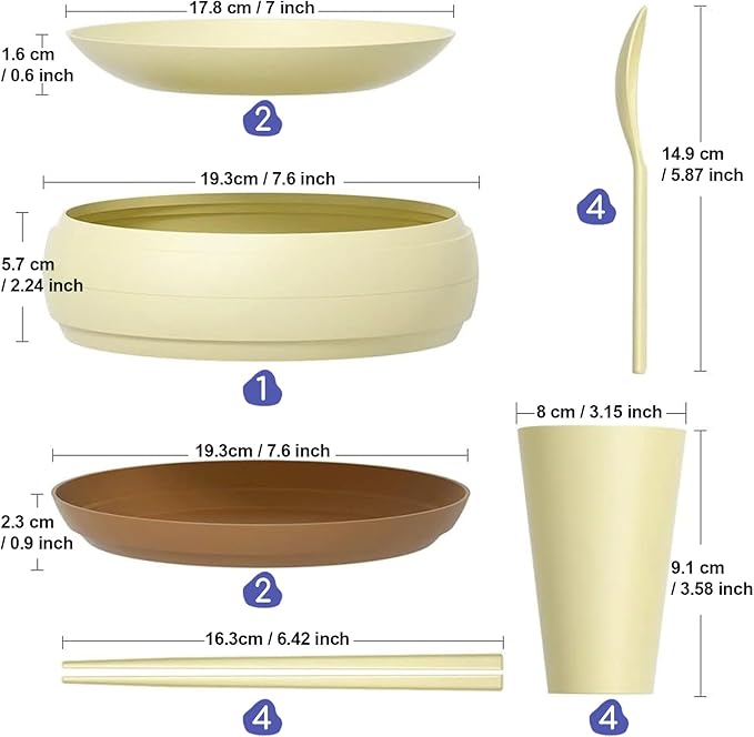 Camping Dishes Picnic Set, Camping Plates Cups and Bowls Set with Chopsticks and Spoons, BPA Free, 17PCS Portable Plastic Reusable Cutlery Set for 4, Portable Small Size, Not Microwave/Dishwasher Safe