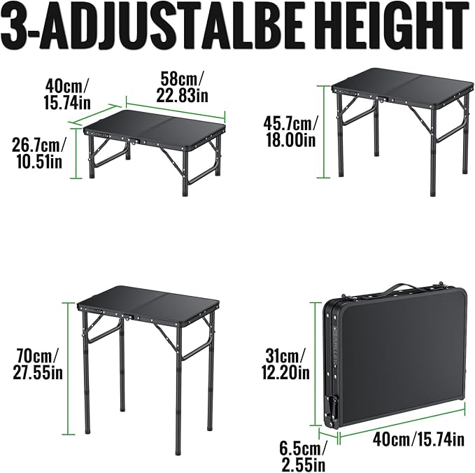 GARLLEN 2ft Folding Camping Table, 3 Adjustable Height Lightweight Picnic Table, Portable Aluminum Grill Table (22.8" L x 15.7" W) for Outdoor, Camping, BBQ, Black