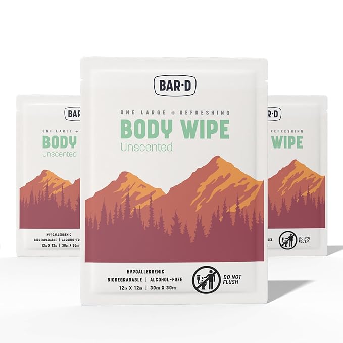 Bar-D Cleansing Face & Body Wipes for Women and Men - Individually Wrapped Biodegradable Shower Wipes, 12x12 Inch, Pack of 20 (20 Count/Box), Unscented