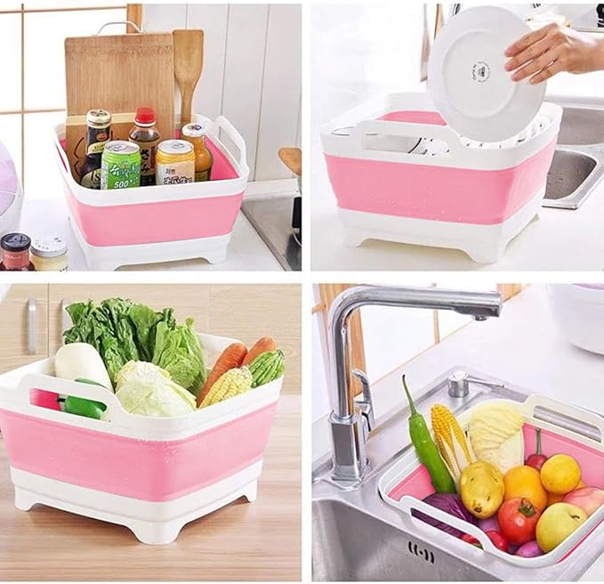 9L (2.4Gal Dish Basin Collapsible with Drain Plug Carry Handles , Space Saveing Kitchen Storage Tray Dish Wash Basin, Portable Dish Tub for Camping ,RV,Pink