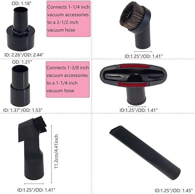13 PCS Universal Vacuum Attachments Kit for Shop Vac Accessories - Includes Horse Hair Vacuum Brush, Floor Brush, Crevice Tool, and Hose Adapters for 2 1/2" to 1 1/4"