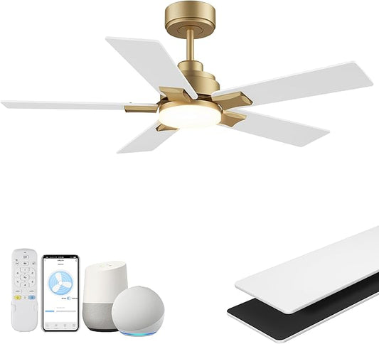 42Inch Smart Ceiling Fan with Lights Remote,APP&Voice Alexa WIFI Controled,Quiet Reversible DC Motor,Dimmable LED,Indoor Outdoor,Small Modern Ceiling Fan,for Bedroom Patio Porch,Gold White&Black