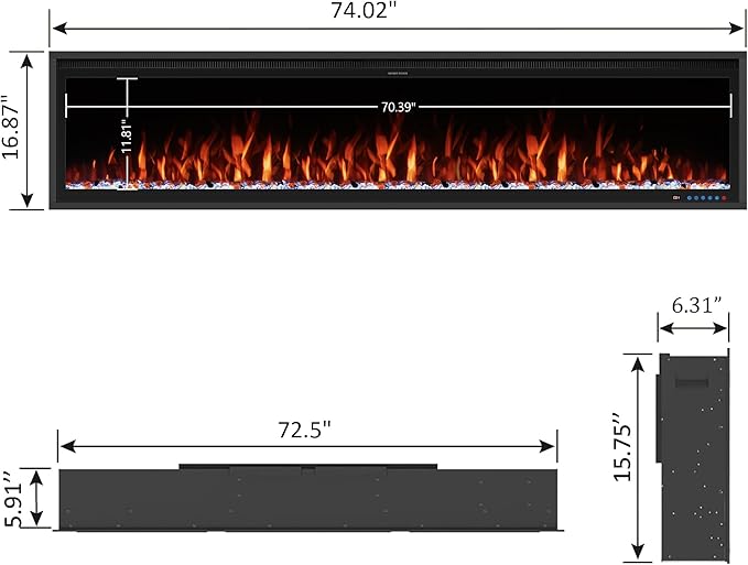 Benrocks 74'' Slim Electric Fireplace Inserts - WiFi-Enabled, Alexa & App Control, Recessed & Wall Mounted, 13 * 13 * 3 Flame Color Combinations, 750W/1500W, Black