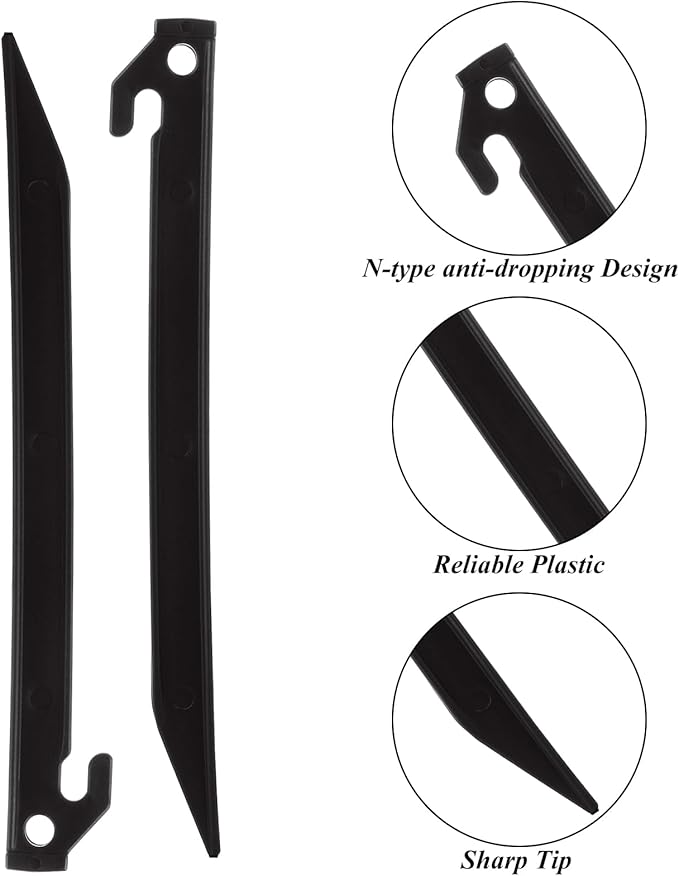 50 Pack Plastic Tent Stakes 9 Inch, Heavy Duty Tent Pegs Garden Landscape Stakes, Spike Hook Canopy Stakes for Camping Gardening Backpacking Outdoor Lawn Tarp (Black)