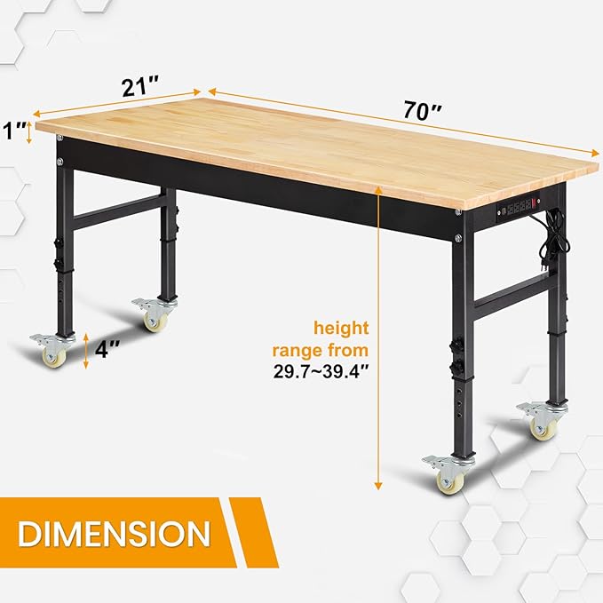 70'' Adjustable Workbench, Rubber Wood Top Work Bench Heavy-Duty Work Table with Socket, Wheels and Fixed Legs 2000 LBS Load Capacity Hardwood Sewing Table for Garage, Workshop, Home, Office