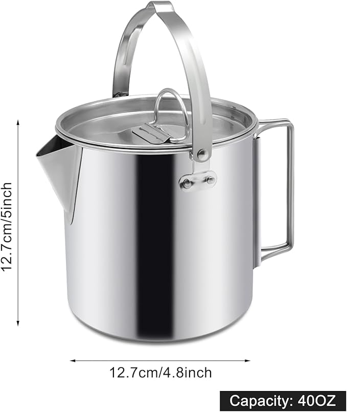Camping Tea Kettle, Portable 1.2L Coffee Pot, Outdoors Camping Pot, with Handles and with Lids for Camping Hiking Picnic Camping, Backpacking, Silver
