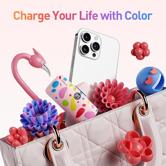 iWALK USB-C Portable Charger with Colorful Pattern, 20W PD Fast Charging 4800mAh Small Power Bank with LED Display, Compatible with iPhone 16/15, 16/15 Plus, 16/15 Pro Max, iPad, Airpods, Pink
