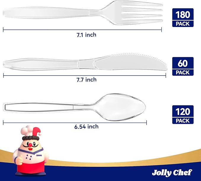 JOLLY CHEF 360 Count Heavy Duty Clear Plastic Silverware-180 Forks, 120 Spoons, 60 Knives, Heat Resistant Disposable Utensils Set, Clear Plastic Cutlery Set for Parties, Events, Everyday Use