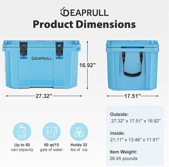 Hard Cooler, Insulated Ice Chest Box Holds Ice for More Days, Portable Cooler with Handle, Cup Holders, Double Latches for Camping Drink, Beach, Picnic, Fishing, Boat, Barbecue