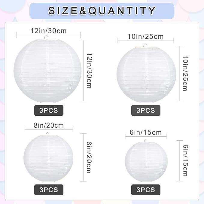 12Pcs Round Paper Lanterns Assorted Sizes (6" 8" 10" 12") for Home Decor, Restaurant, Church, Wedding, Birthday Party Decorations, Hanging Chinese Japanese Paper Lantern Lamps (White)