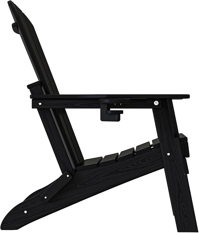 Folding Adirondack Chair, Cup Holder, SGS Tested, Wooden Textured，Heavy All-Weather HDPE Comfortable Set Poolside Backyard Lawn Black Set 2