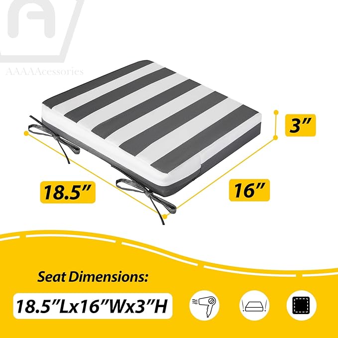 AAAAAcessories Outdoor Seat Cushions for Chairs, Waterproof, Fade-Resistant Patio Furniture Replacement Cushions, 18.5" x 16" x 3", Set of 4, Gray Cabana Stripe