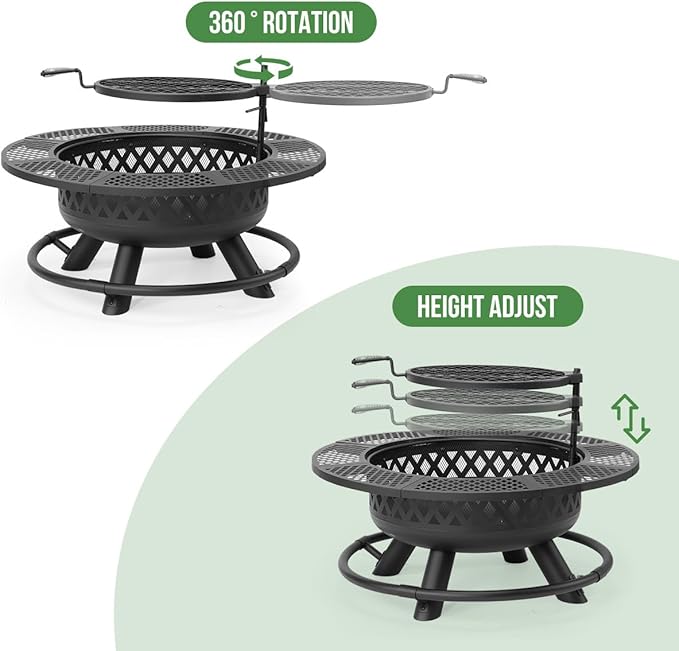 42 Inch Outdoor Fire Pit with Grill, Large Firepit Table for Outside, Metal Round Firepits with Lid&Fire Poker,3 in 1 Wood Burning Fire Pits & Outdoor Fireplaces for Backyard,Patio(42'' Black)