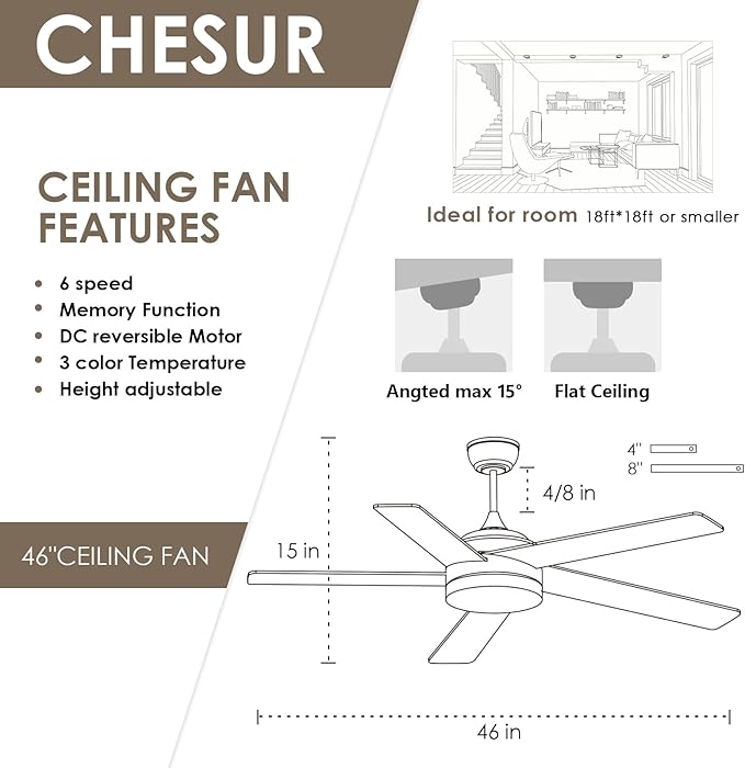 46" Black Ceiling Fans with Lights - Low Profile Ceiling Fan with Lights and Remote/APP, 5 Dual-Sided Blades, Reversible DC Motor, Modern Ceiling Fan for Indoor and Outdoor Use