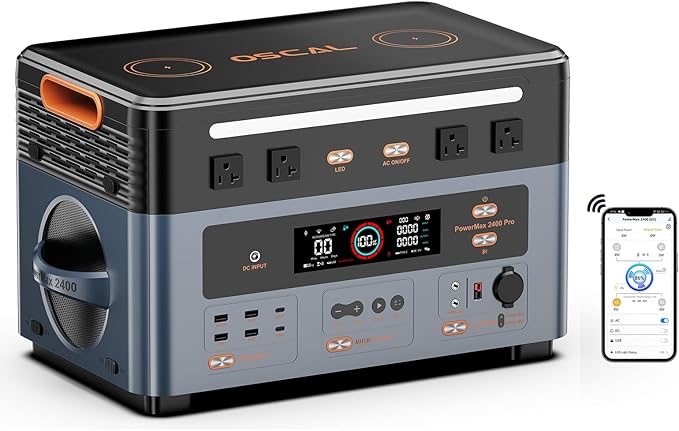 OSCAL 2400W Solar Power Station PowerMax 2400, 1872Wh Expandable LiFePO4 Battery Generator with 4 AC Outlets (5000W Peak), 1400W Fast AC Charging, APP Control Emergency Power Station for Home, RVs