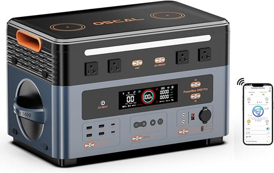OSCAL 2400W Solar Power Station PowerMax 2400, 1872Wh Expandable LiFePO4 Battery Generator with 4 AC Outlets (5000W Peak), 1400W Fast AC Charging, APP Control Emergency Power Station for Home, RVs