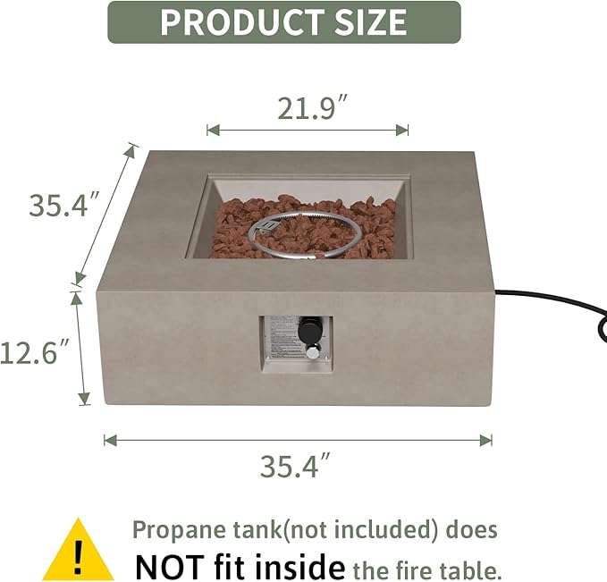 COSIEST Outdoor Propane Fire Pit Coffee Table w Square Faux Stone 35-inch Base, 50,000 BTU Stainless Steel Burner, Free Lava Rocks and Rain Cover(Gray)