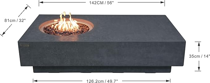 Elementi | Bundle Metropolis Gas Fire Pit Cast Concrete 56" Rectangular Fire Table, Outdoor Fire Pit Electronic Ignition | Canvas Cover, Lava Rock Included | Dark Gray (Propane Gas)