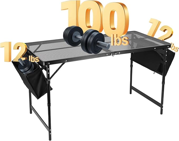 Grill Table 4FT Camping Table with 7/15 L Storage Bag 3 Height Adjustable Picnic Table Foldable Folding Portable Stand Mesh Outdoor BBQ