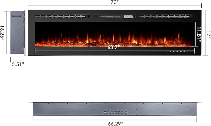 CharaVector 70 inch 750W/1500W Electric Fireplace Inserts with Remote Control in Wall Mounted, Energy Saving LED Insert Fireplace Heater Indoor Glass View with Remote Control & Touch Screen, Black