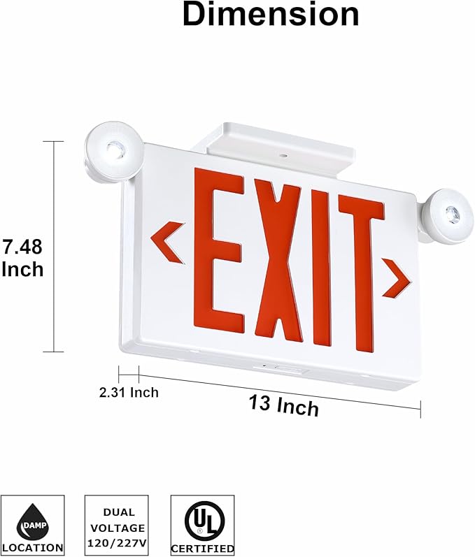 Gruenlich Exit Signs with Emergency Lights, 2 Adjustable LED Head with Battery Backup, 94V-0 Fire Resistant, AC 120/277V, Hardwired Commercial Emergency Light Combo for Business, 2 Pack