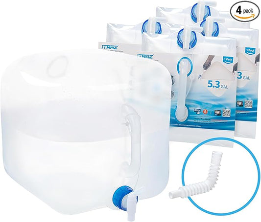 Collapsible Water Container Jug, 4×5.3 Gallon BPA Free Camping Water Storage Canteen with Spigot, for Hiking Backpack RV Outdoors & Emergency, Portable Survival Kit - Food Grade Transparent PE