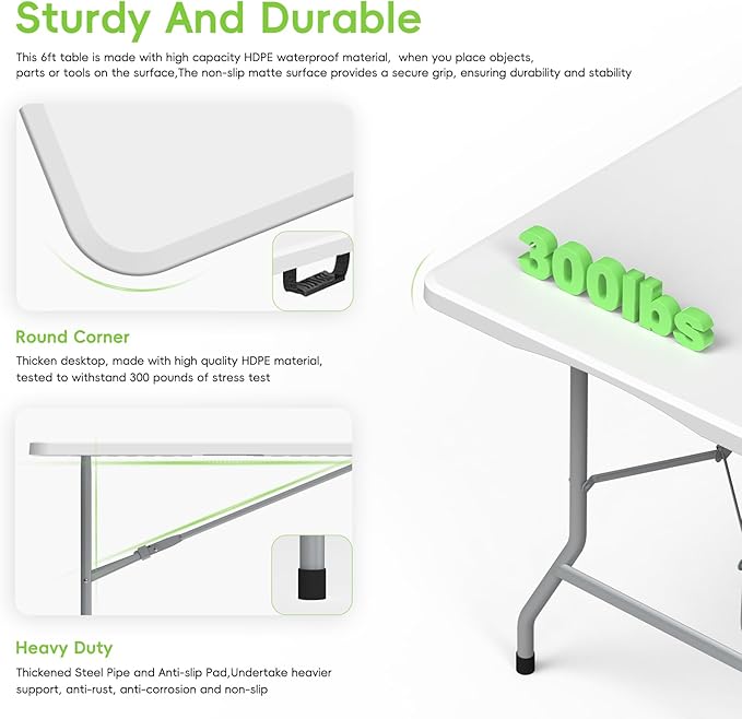 HLPB 6ft Folding Table with Handle & Safety Locks - Portable Picnic & Camping Table, Indoor/Outdoor Dining & Work Table for Weddings & Parties Plastic Construction