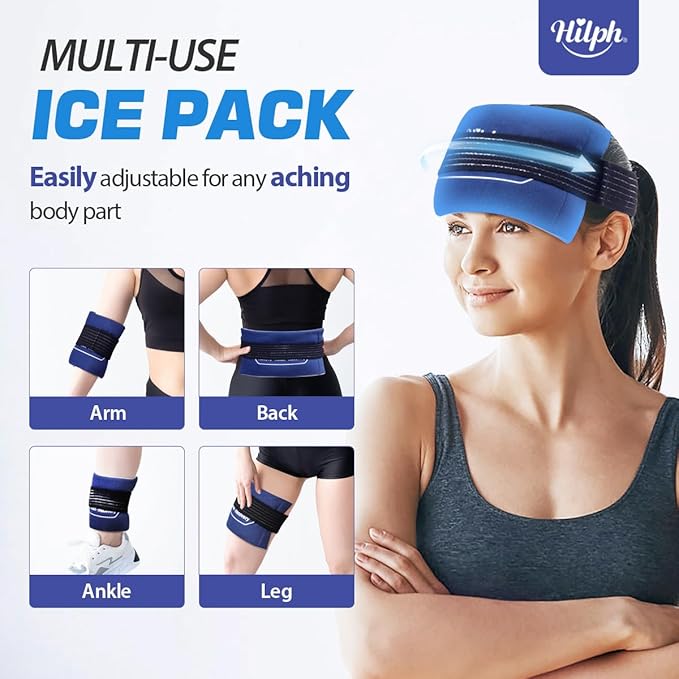 Hilph Reusable Ice Packs for Injuries, 2 Packs Soft Hot and Cold Gel Ice Packs with Adjustable Strap, Flexible Ice Wrap for Joints & Muscle Pain for Back, Shoulders, Head, Legs & More (10.8" x 5.5")