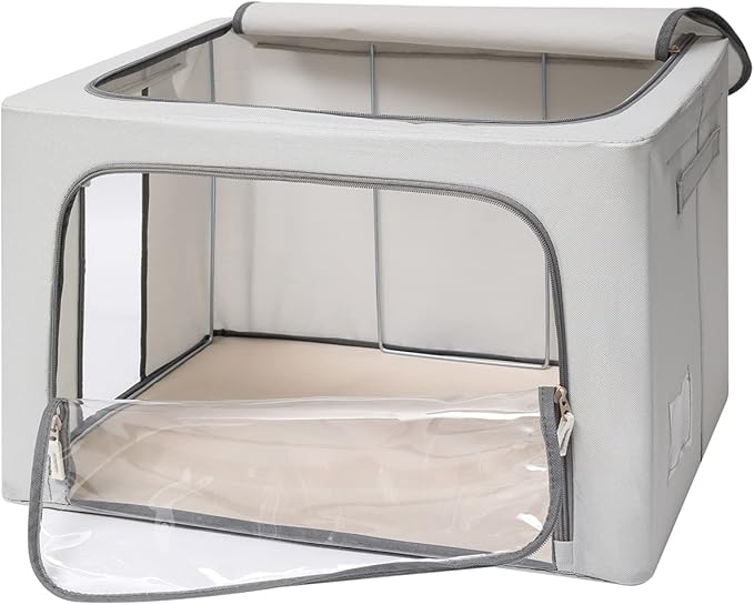 3Pack Frame Storage Box - Clothes Storage Bin Bags Oxford Fabric Foldable Stackable Container Organizer Set with Clear Window & Carry Handles (Grey, X-Small-36L)