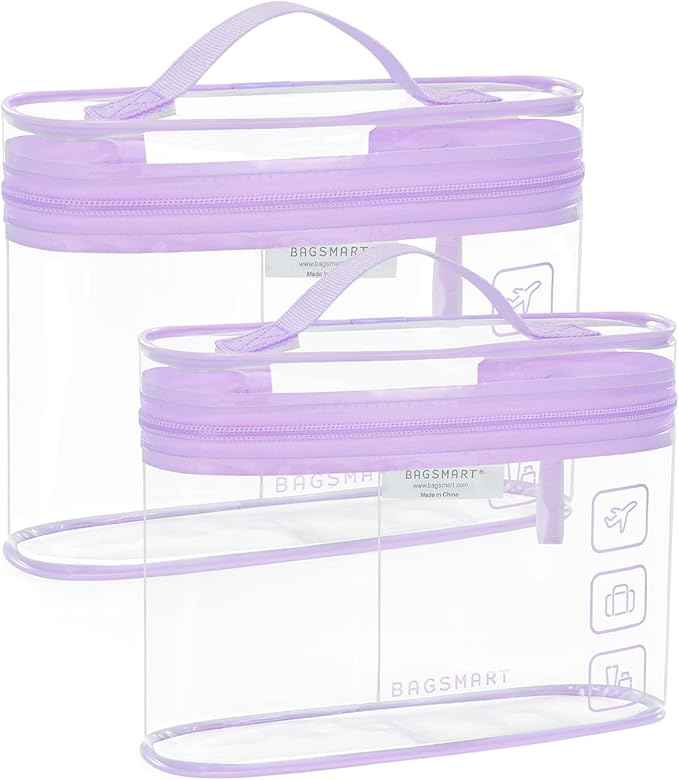 BAGSMART TSA Approved Toiletry Bag, 2 Pack Clear Makeup Cosmetic Bag Organizer, Quart Size Travel Bag for Toiletries, Carry-on Travel Accessories Essentials, Purple-2pcs